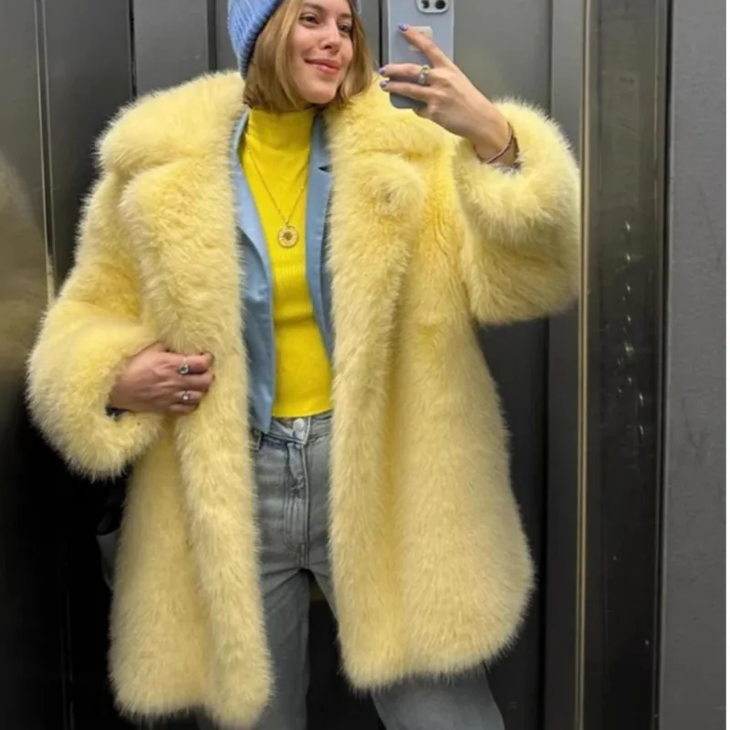 2025 가을 겨울 따뜻한 모피 코트 여성용 슈트 칼라 긴 소매 인조 모피 코트 중간 길이 두꺼운 따뜻한 여우 모피 코트
