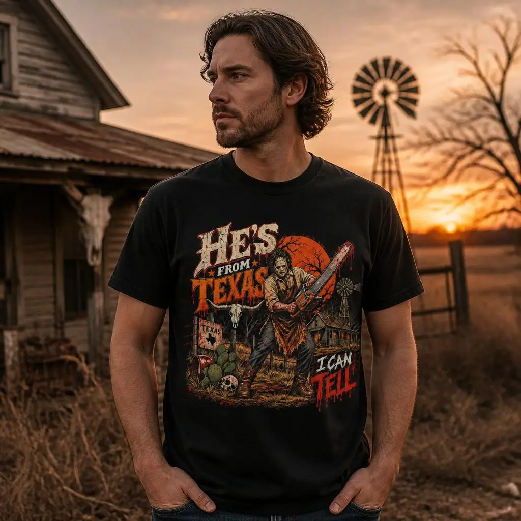 Ich kann erkennen, dass er aus Texas ist. Chainsaw Horror Halloween T-Shirts, lässige T-Shirts, kurzärmelige T-Shirts mit Rundhalsausschnitt, T-Shirts aus reiner Baumwolle. – Detail 2