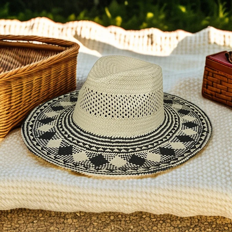 New Designer Black Beige Patchwork Straw Panama Hat for Women Sun Hat Wide Brim Summer Beach Hat Fedora Hat Church Derby Hat