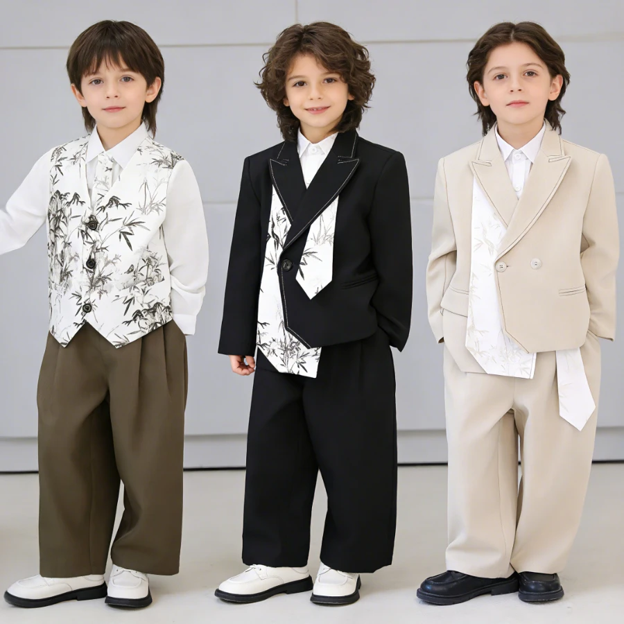 

Boys Chinese Style Suit Set Bamboo Print Blazer Vest Pants Shirt for Wedding Birthday Party Photoshoot Kids School Formal Outfit
