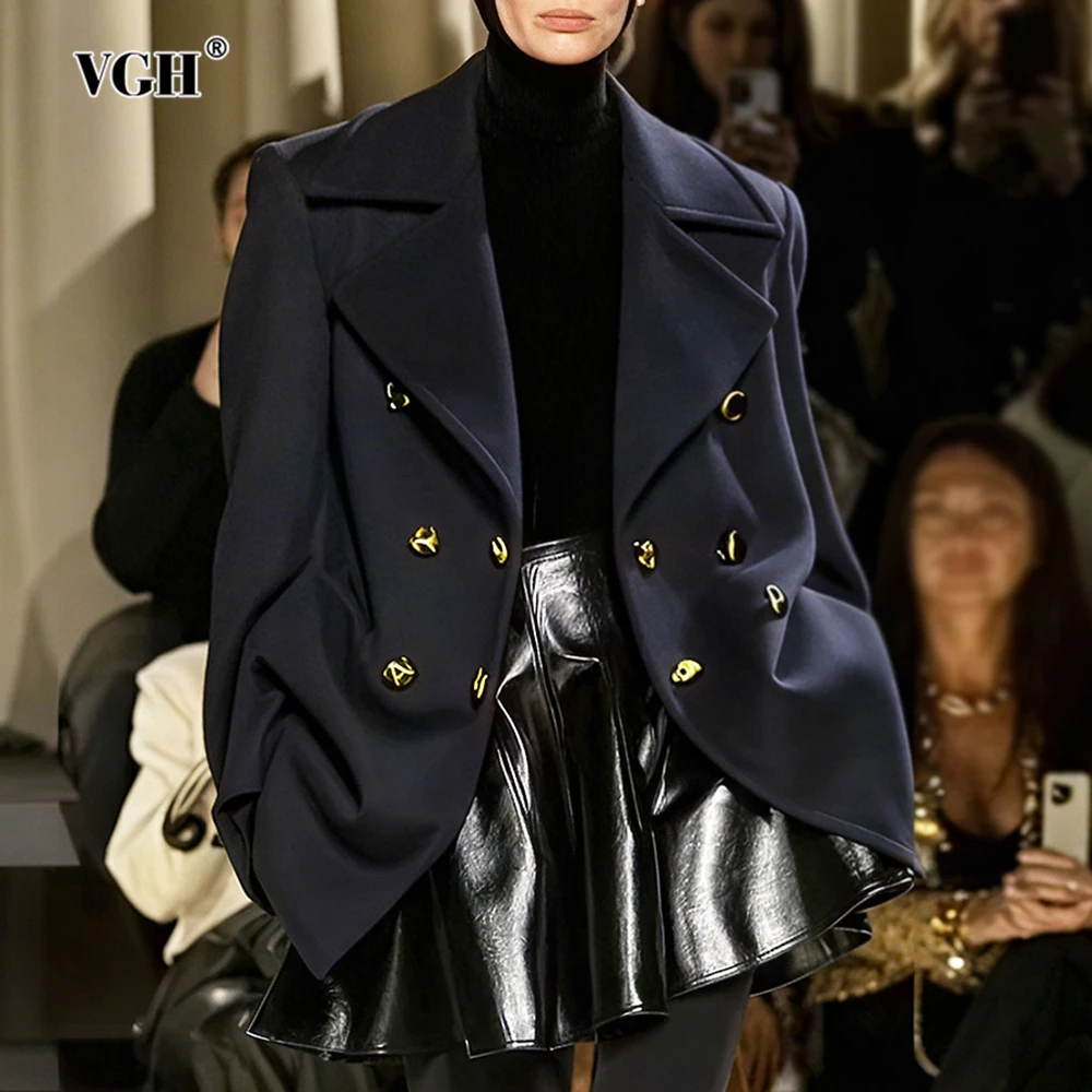

VGH Dark Color Fashionable Wool Coat for Women Notched Collar Patchwork Buttons Designer Slim Short Length Jacket Female Winter