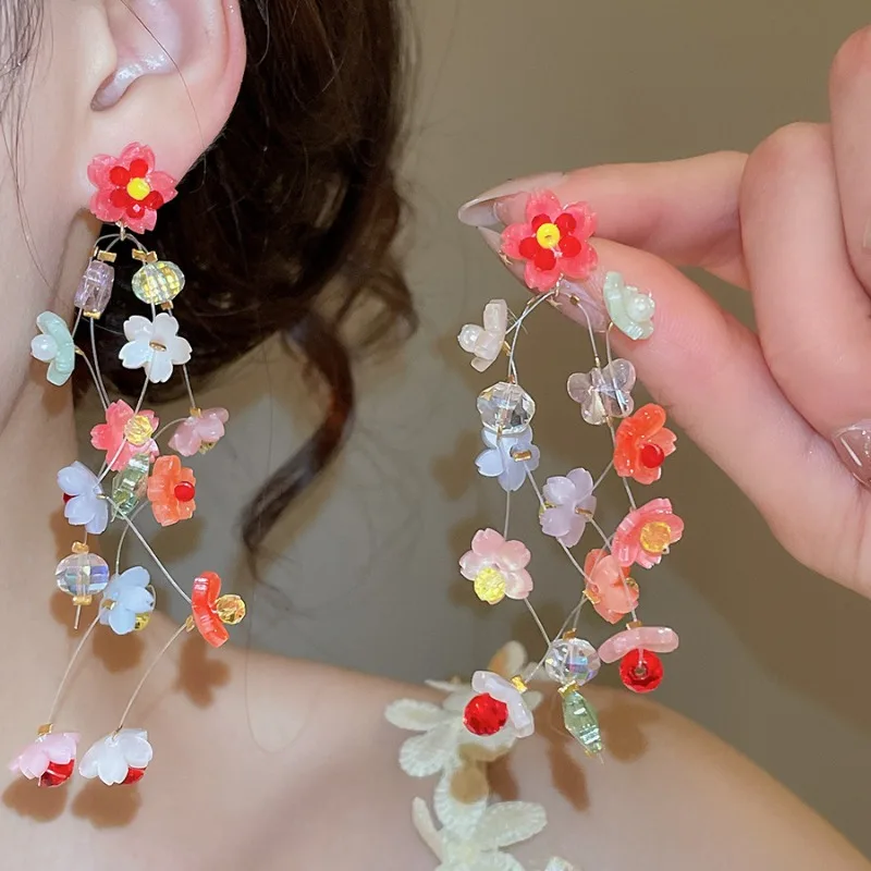 Minar Exaggerated Candy Color Resin Glass Beads Flower Long Tassel Drop Earrings for Women Femme Handmade Beach Holiday Jewelry