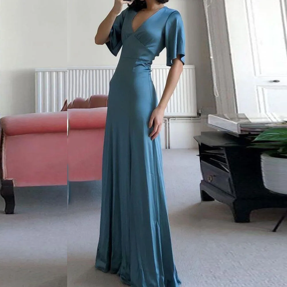 

Blue Evening Dresses V Neck Sleeveless High Quality Half Sleeves Formal Occasion Banquet Celebrity Floor Length Female Gowns