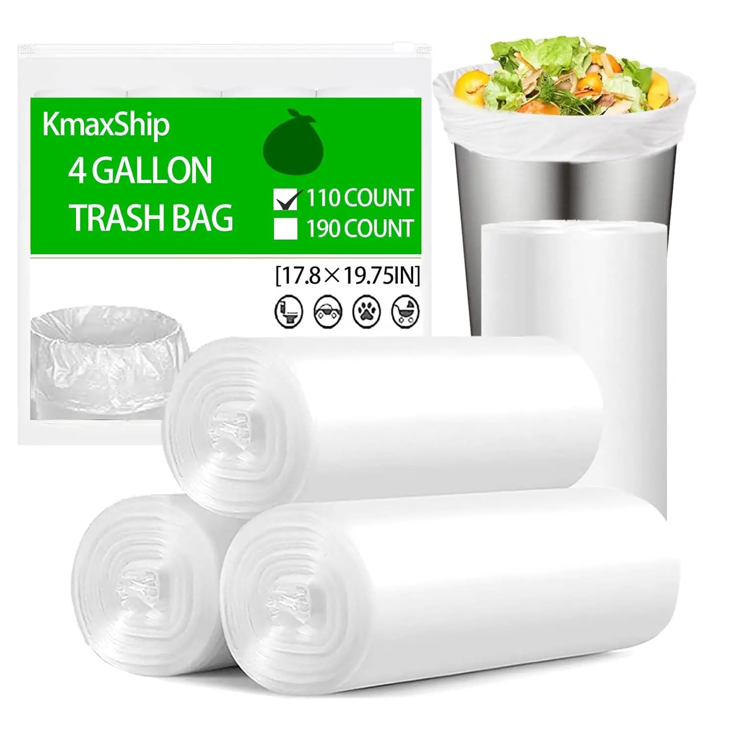 

4 Gallon 110-Count Unscented Trash Bags - Thin Strong Material for Office Bedroom Bathroom Small Garbage
