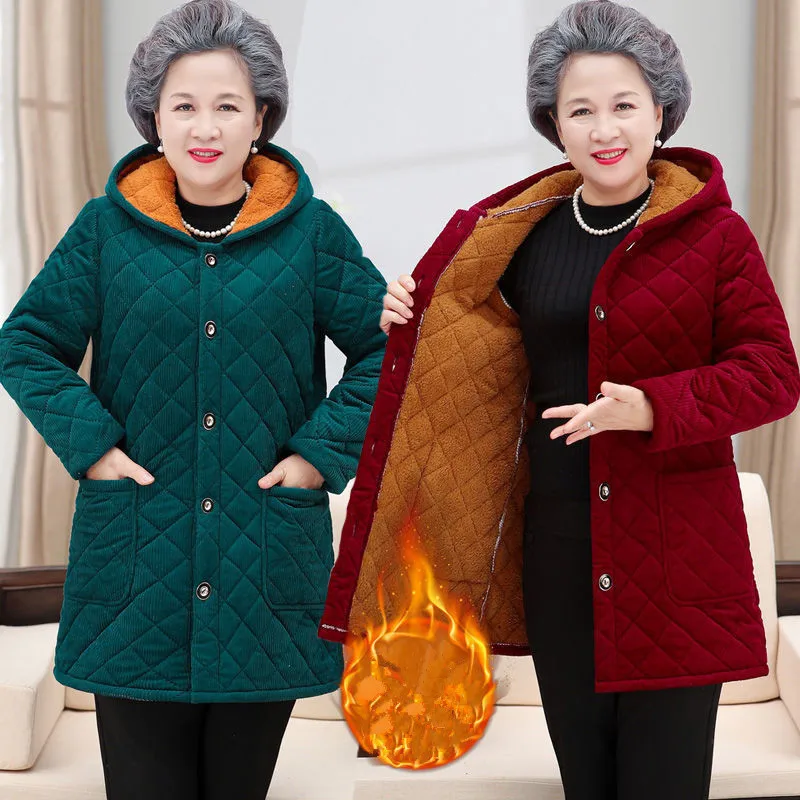 Casual Plus Velvet Thicken Coat Women Hooded Middle Aged Mother Winter Jacket Cotton Padded Grandma Parkas Doudoune Femme