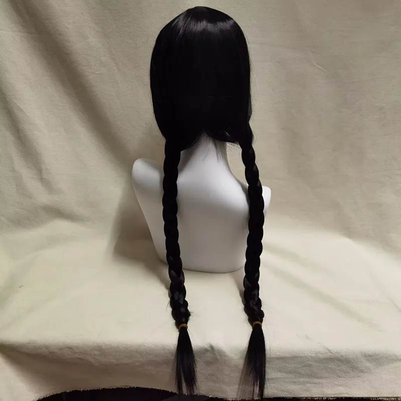 Wednesday Addams Cosplay Wig Long Black Braids Hair Heat Resistant Synthetic Wigs with Bangs for Halloween Party