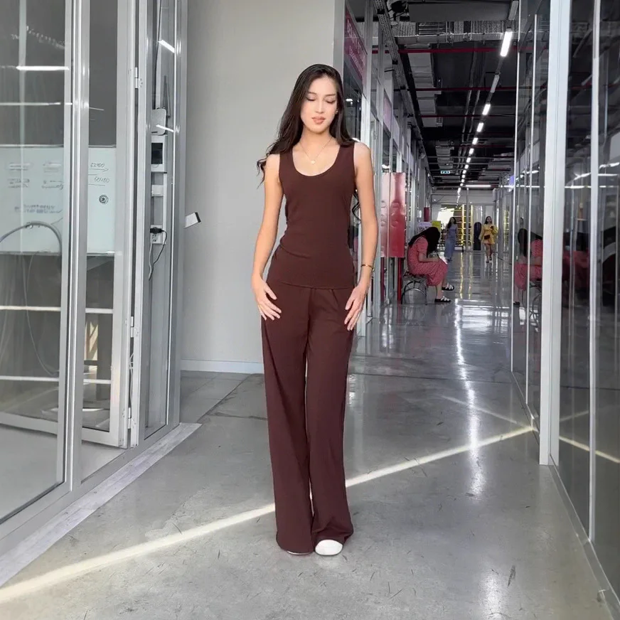 Automne nouveau décontracté col en U haut sans manches à manches longues pantalons d'extérieur trois pièces ensemble de vêtements pour femmes d'Europe et d'amérique