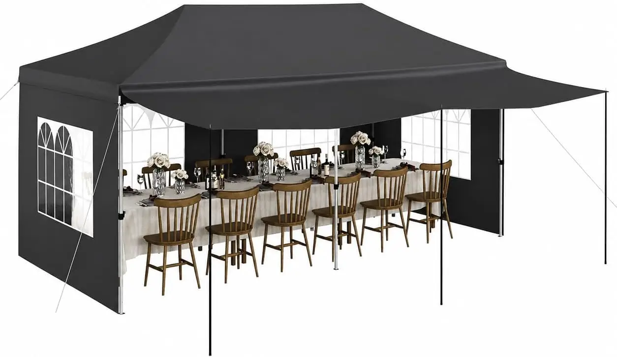 10x20 ft Heavy Duty Commercial Pop Up Canopy Tent, Waterproof UV-Protective 420D Oxford with Adjustable Height, Removable Sidewalls, PE Windows, Sand Bags & Roller Bag for Weddings, Events, Dark Gray