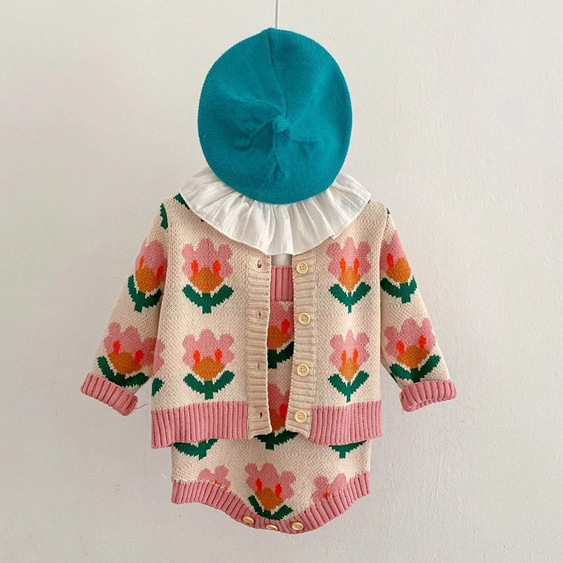 Children Knitting Clothing Suit Long Sleeved Printed Cardigan Coat+Jumpsuit Autumn Spring Toddler Baby Girls Clothes Set