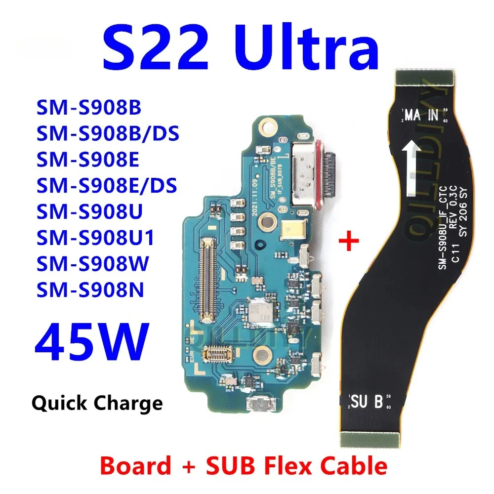 45-ワットサムスンギャラクシー-s22-ウルトラ-sm-s908b-ds-s908e-s908u-usb-充電ボードコネクタプラグポートドックマザーボードフレックスケーブル