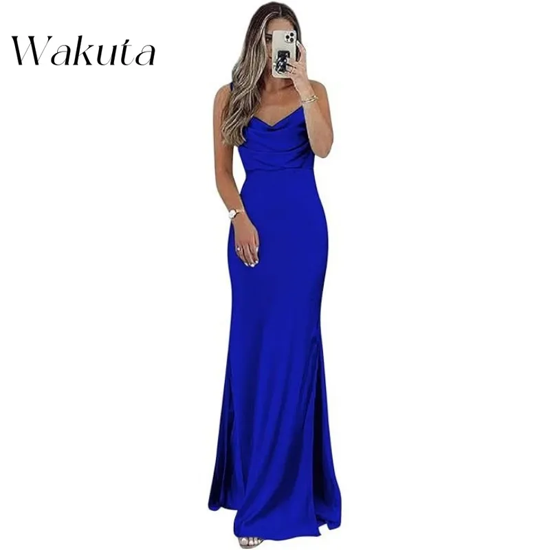 Wakuta American Vintage Swing Neck Strapless Solid Party Evening Dress Sexy Backless Slim Halter Cocktail Vestido Elegante Mujer