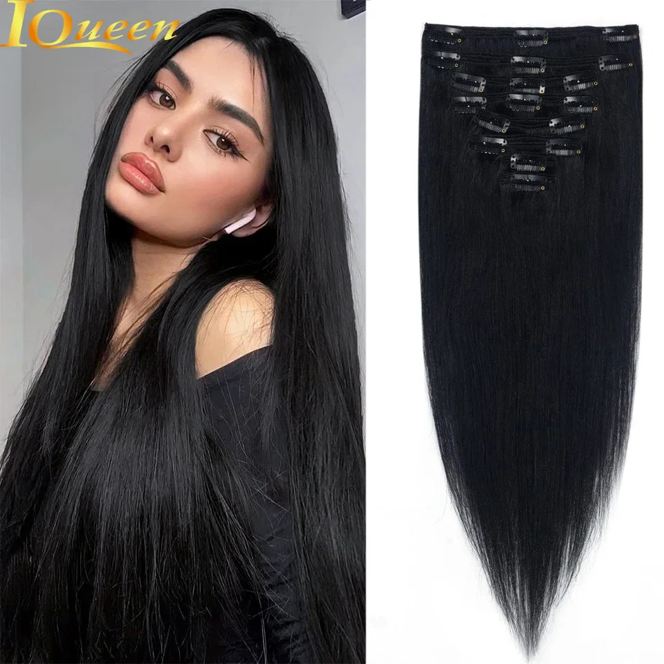 

Straight Clip In Human Hair Extensions Natural Black Color In Brazilian 100% Remy Human Hair 120G 8Pcs/Set Full Head For Women