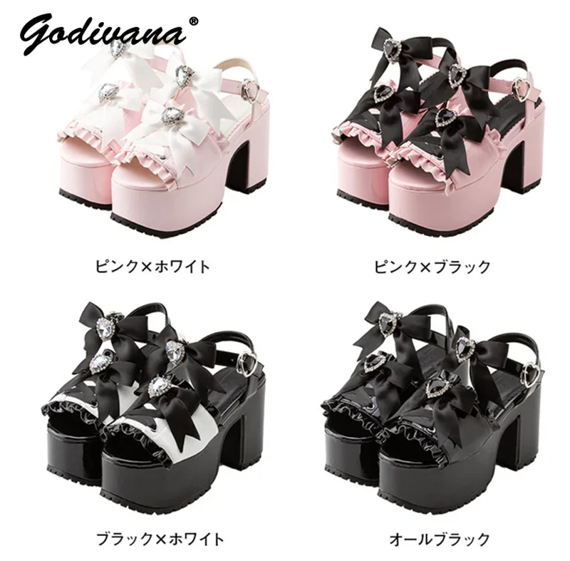 Japanese Ins Trendy Sweet Bow Chunky Heel Ladies Elegant Waterproof Platform Lolita Mine Women's Fish Mouth Sandals High Heels