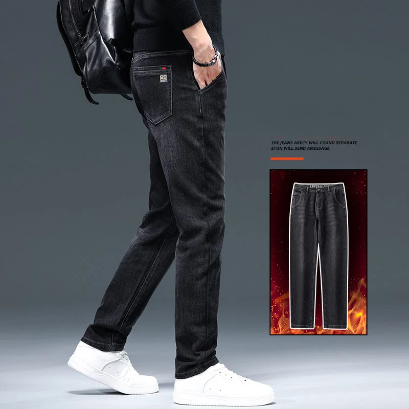 Winter Men Slim Fit Straight Leg Fleece Pants Male High Quality Thickened Warm Jeans Stylish Black Gray Denim Trousers