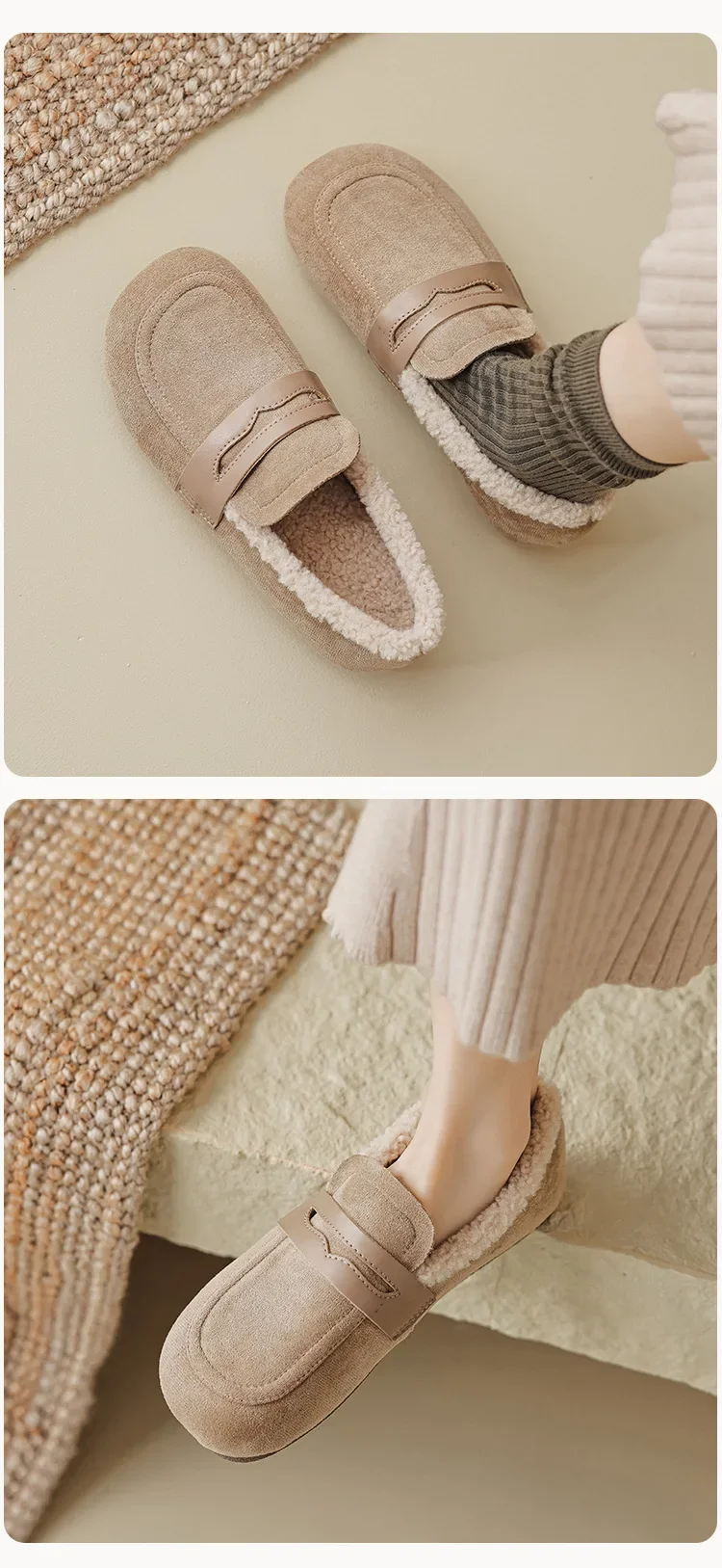 Lässige Flache Schuhe aus Lammwolle für Damen, Schuhe mit Obermaterial aus Flock, Winter-Loafer mit breiter, quadratischer Zehenpartie, Pelz-Mokasins für Damen, mit Baumwollfutter, Schafsfell-Stiefel – Detail 6