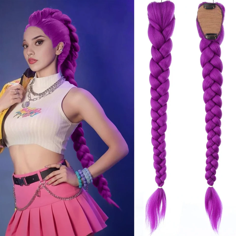 الاصطناعية مضفر الشعر الأرجواني ذيل حصان رومي زي تصفيفة الشعر 26 بوصة ذيل حصان طويل مع مقاطع للأطفال الفتيات عيد الهالوين عيد الميلاد