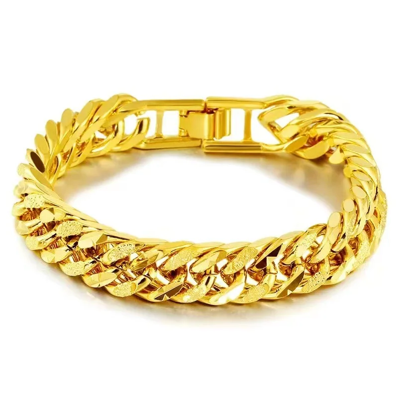 24k gold domineering personality men's car flower bracelet thick AU999 real gold bracelet twisted style tank boss chain