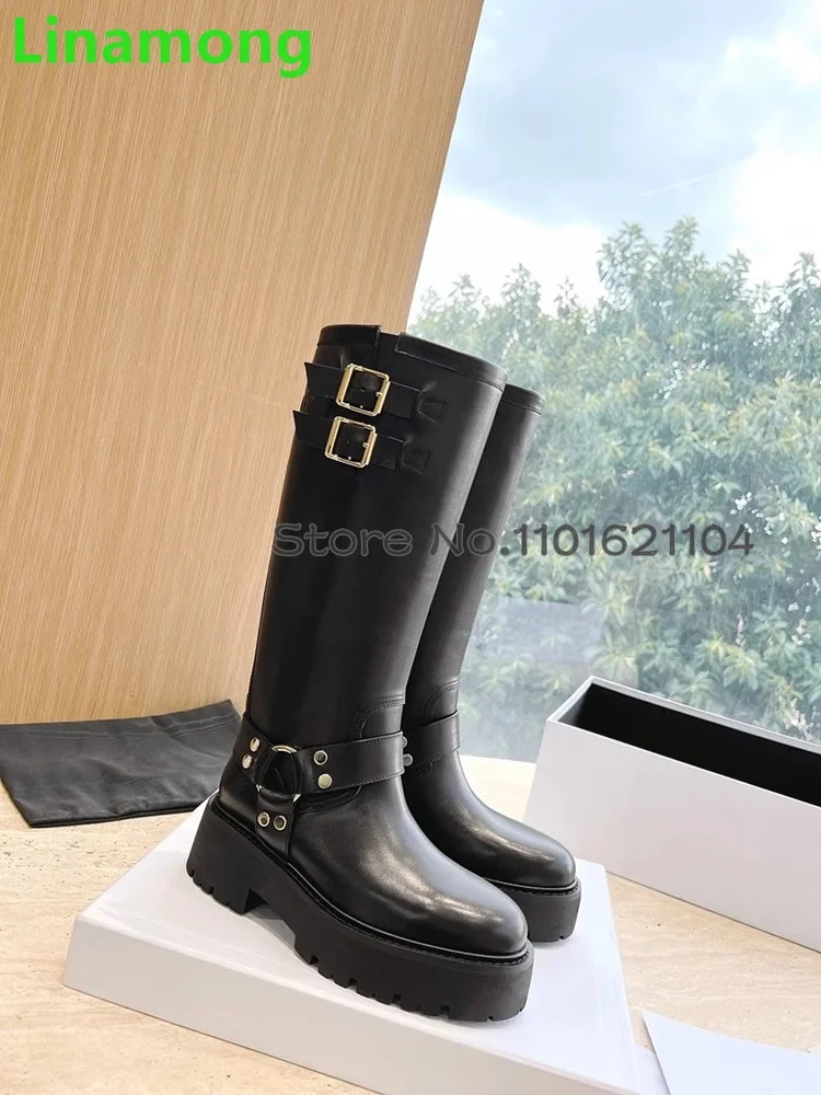 

Black Metal Buckle Thick Sole Boots For Female Women 2024 Newest Round Toe Slip-on Solid Luxury Elegant Leather Fabric Shoes