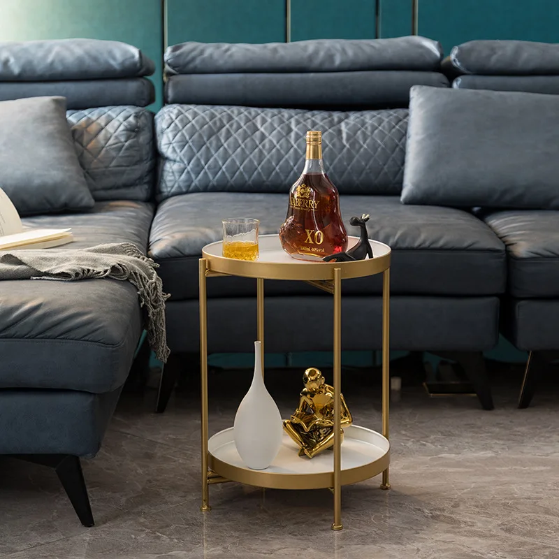 Nordic Eenvoudige Ijzeren Double-Layer Kleine Thee Hoeken Tafel Ronde Salontafel Kamer Levenskunst Mini Bank Bijzettafel