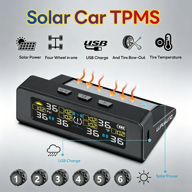 T20 USB/Solar Charging TPMS Car Tyre Monitor with 4 or 6 External Temperature Sensors Digital LCD Display 0-9.9Bar Tire Pressure Gauge Universal Smart 433.92MHz Auto Security Alarm T20 USB/Solar Charging TPMS Car Tyre Monitor with 4 or 6 External Temperature Sensors Digital LCD Display 0-9.9Bar Tire Pressure Gauge Universal Smart 433.92MHz Auto Security Alarm