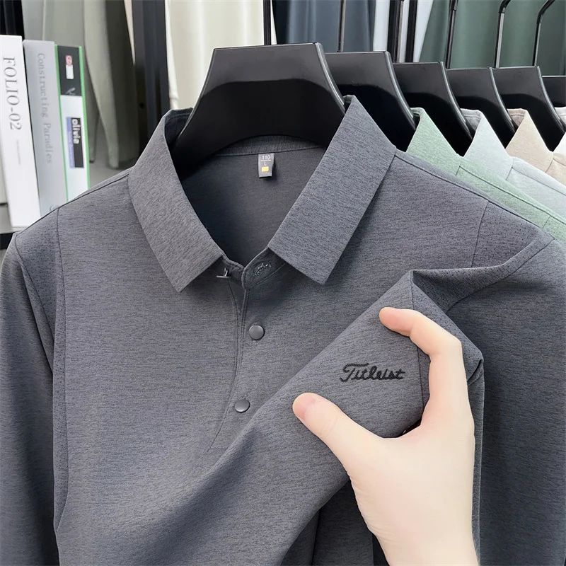 Original Man Long Sleeved Polo Shirt Quick-Dry Breathable Lapel Button Exquisite Letter Printing Autumn Leisure Sports Mens Wear