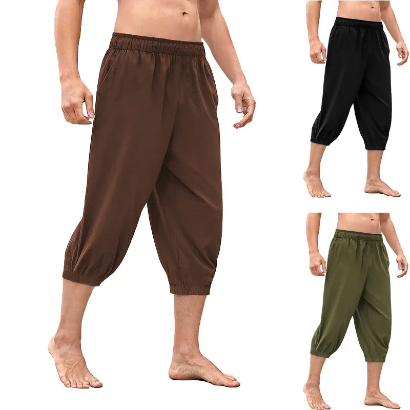 Medieval Elastic Trouser Feet Drama Stage Performance Five Split Pants Men's Retro Halloween Play Pirate Pants