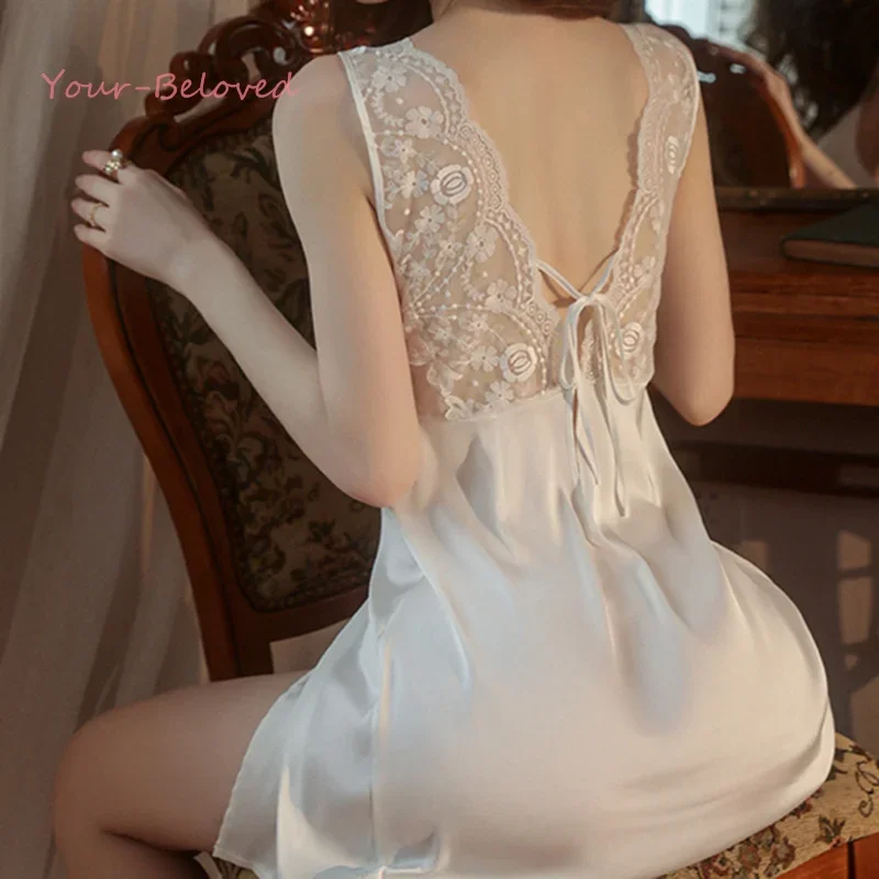 

Burgundy Satin Nightdress Sexy Lace Backless Nightgown Women's Sleepwear Rayon Home Dress Split Lingerie Nightwear Loungewear