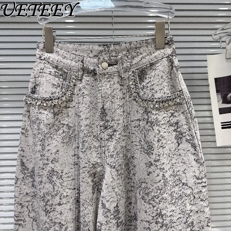 

2026 Spring New Rhinestone-trimmed Pocket-design Washed Distressed Wide-leg Jeans Fashion High Waist Baggy Denim Pants