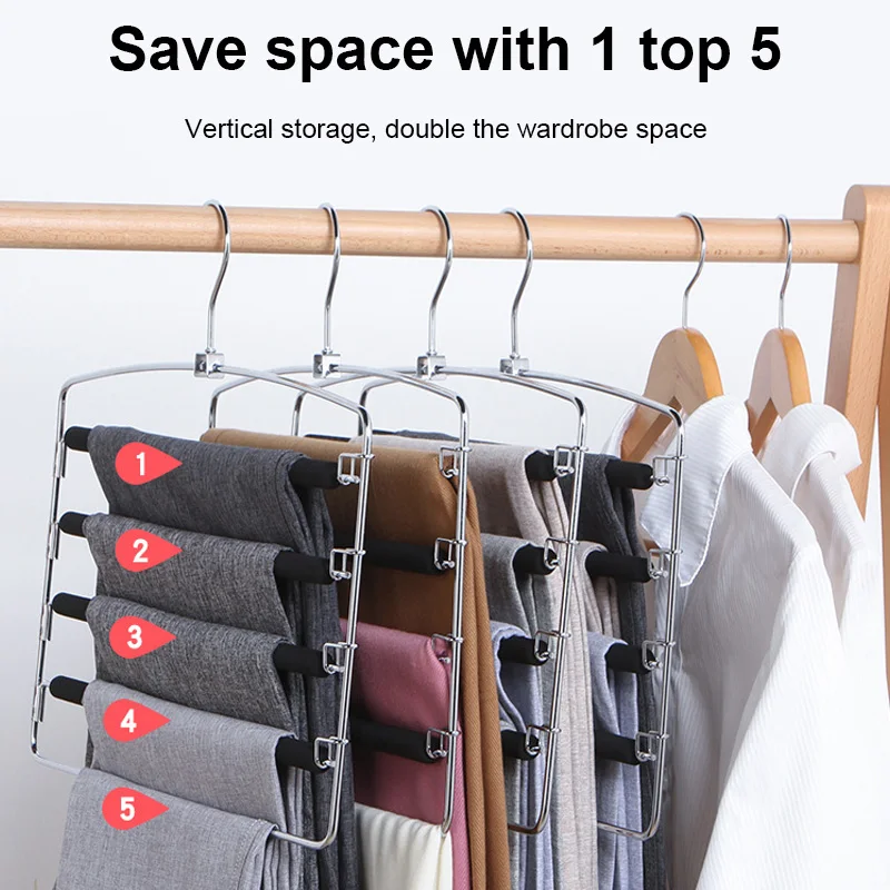 Multi-Layer Movable Space Saver Hanger, Prateleiras Organizador, Cabide do Armário, Rack, Pant, Função Roupas, Aço Inoxidável