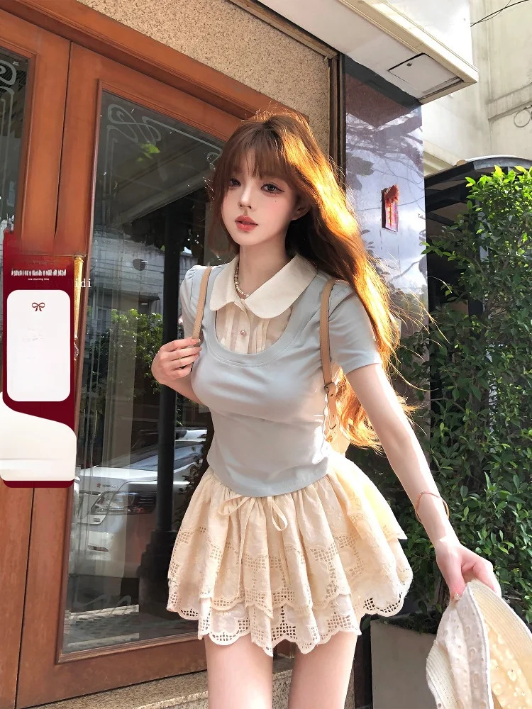 

Lazy Didi College Sle ort Sve Color Blo T-irt Princ Cut Summer Breathable Cute Princ Faion Slim Fit Doll C...