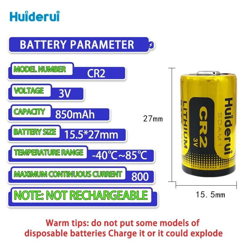 Huiderui CR2 3V primary lithium battery used for cameras night vision systems rangefinders gas detectors