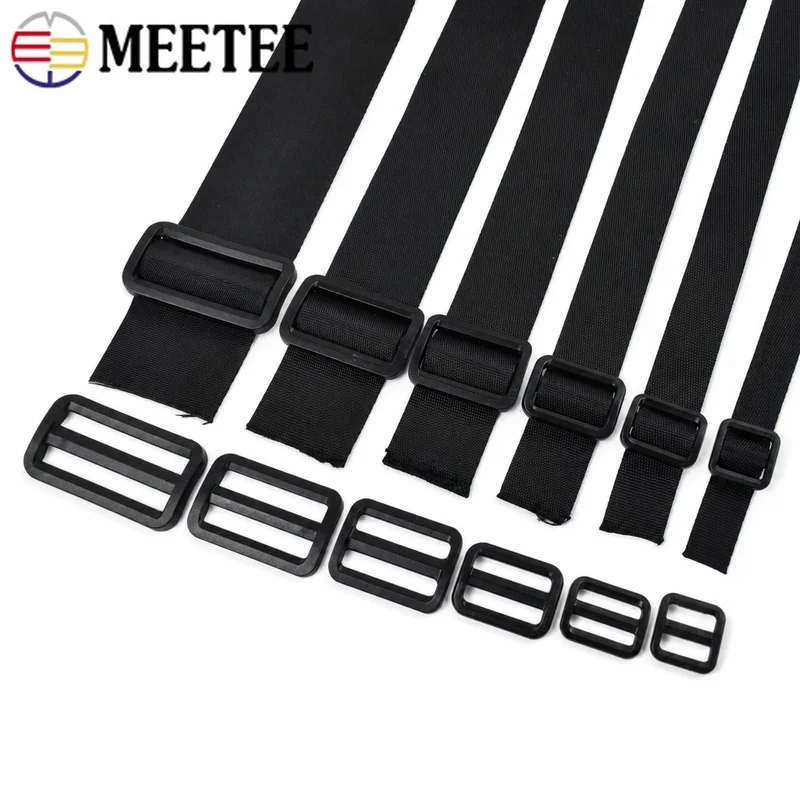 2/5/10/20Sets Luggage Binding Fastener 15-50mm Black Webbing + Plastic Tri-Glide Adjust Buckles Belt Holder Slider Fastex Buckle