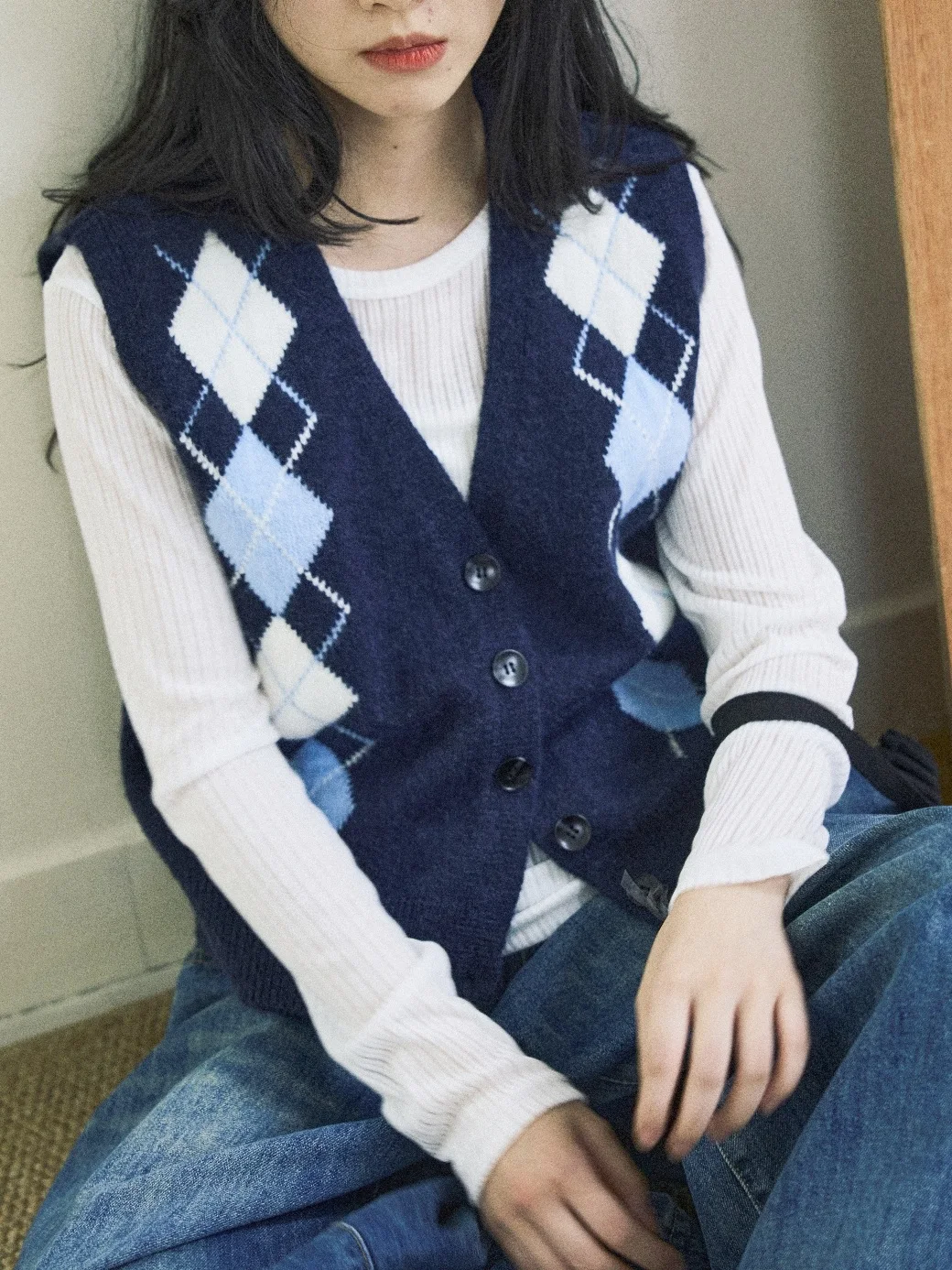 

Classic College Sle Knitted Open Cardigan Vest Diamond id Design V-Ne Regular Length Single Button Polyester Nylon Acry...