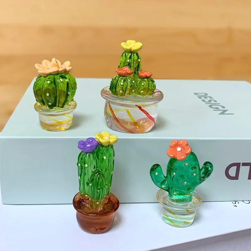 4PC  Handmade Glass Cactus Figurines Ornaments Mini Bonsai Decor Cute Miniature Desktop Craft Adornment Creative Home Decor Gift