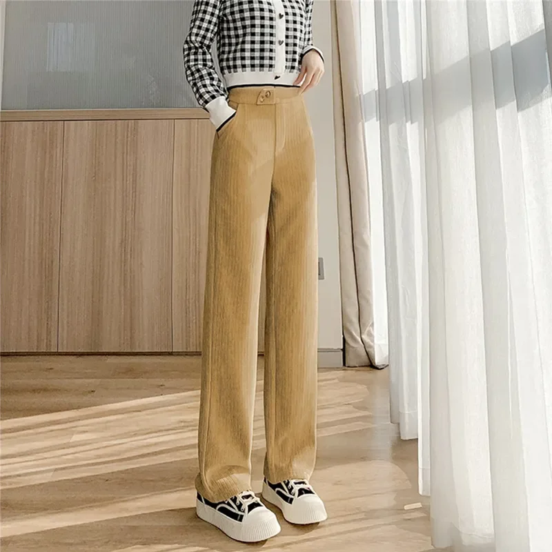 Solid color high-waisted corduroy wide-legged pants Ms. autumn and winter new Korean version of the padded warm loose large size