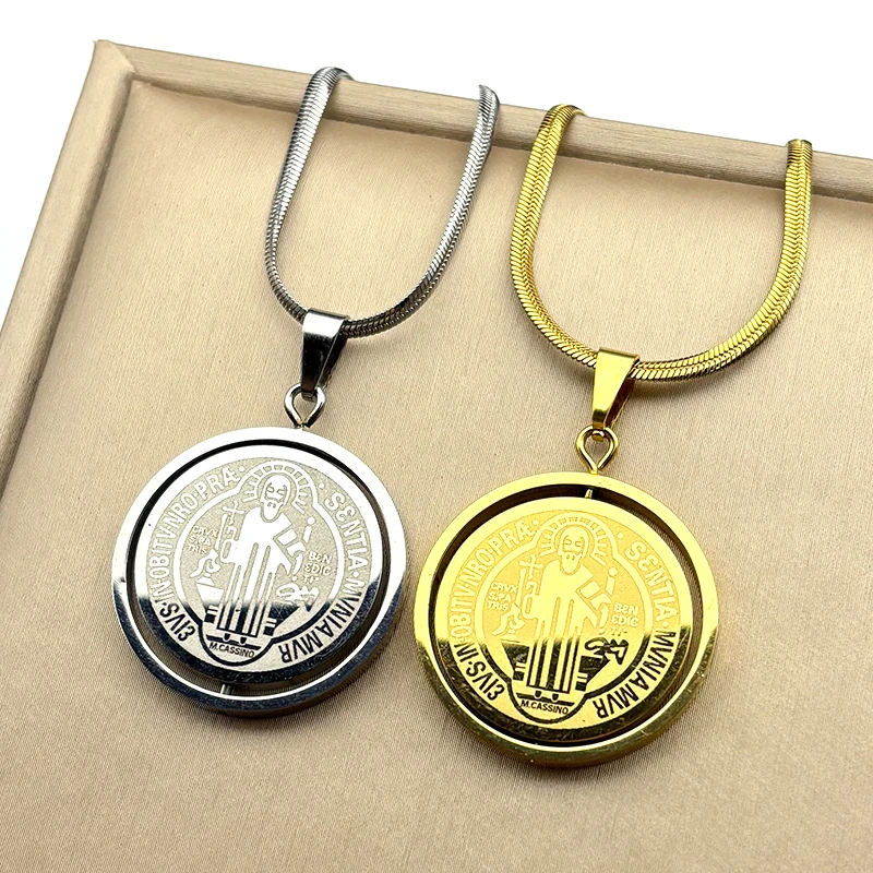 تدوير الكاثوليكية سانت بنديكت ميدالية قلادة للنساء الرجال الفولاذ المقاوم للصدأ الذهب اللون سلسلة القلائد مجوهرات سان بينيتو