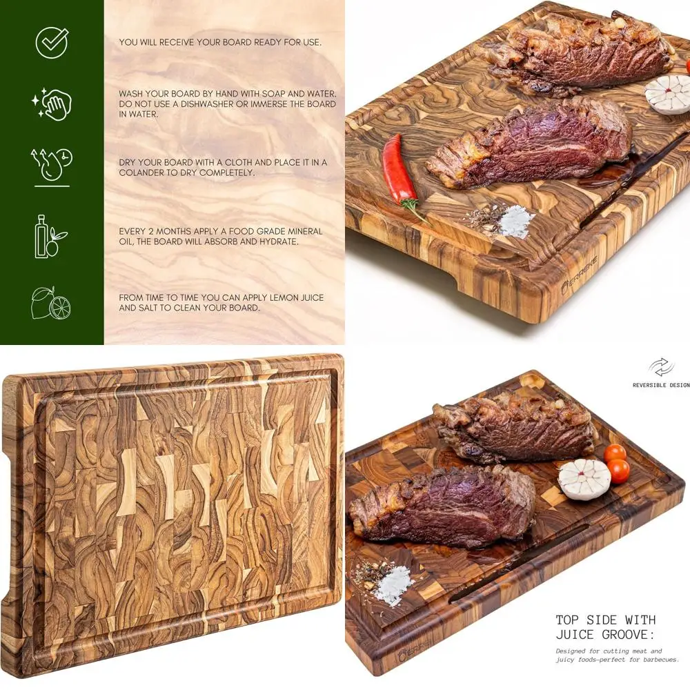 

Extra Large Teak Wood Cutting Board, 17.5x12x1.5, Thick, Reversible, with Juice Groove and Comfort Grip