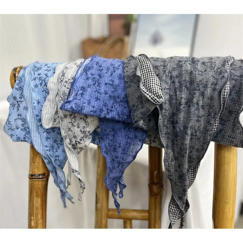 

Двусторонний треугольный женский шарф из японского хлопка и льна с принтом, новый тонкий клетчатый ромбовидный шарф, украшение