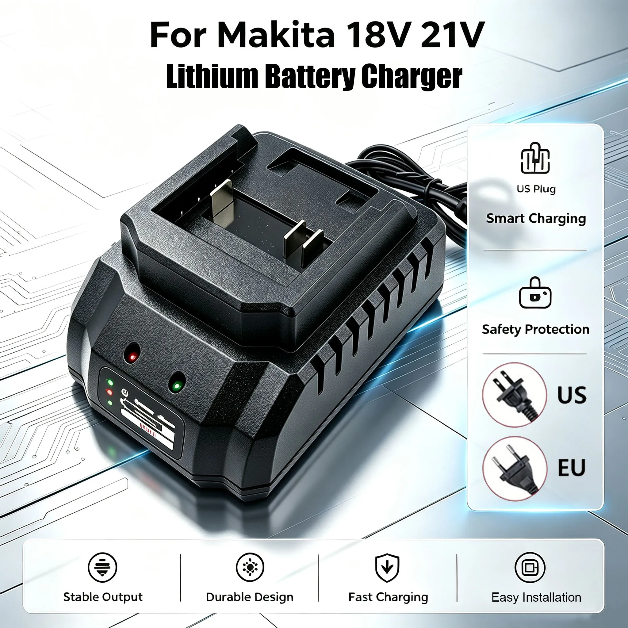 Universal Battery Charger for Makita Model 18V 21V Li-ion BL1415 BL1420 BL1815 BL1830 BL1860 Drill Electric Tool Battery Charger