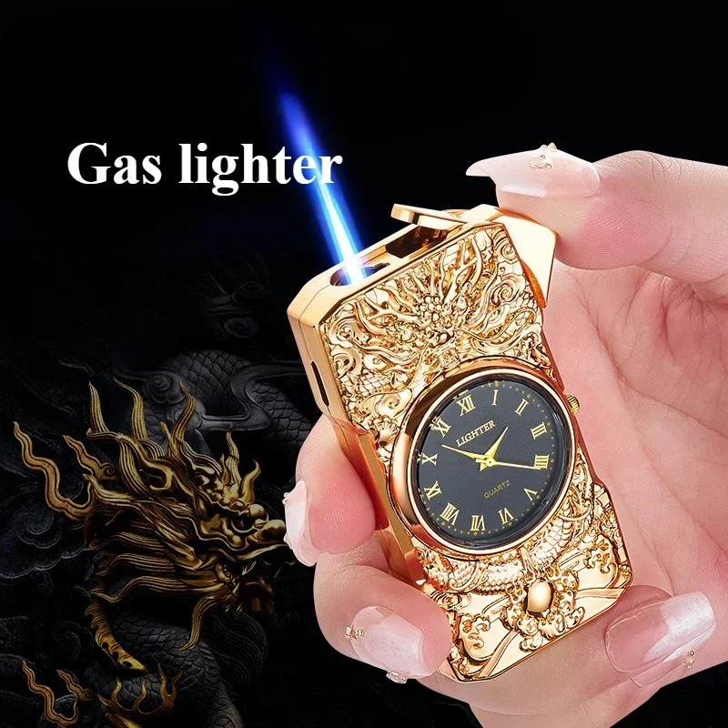 Men's Quartz Dial Direct Flame Inflatable Lighter, Embossed Pattern To Give Boyfriend Exquisite Gifts, Cigarette Lighter