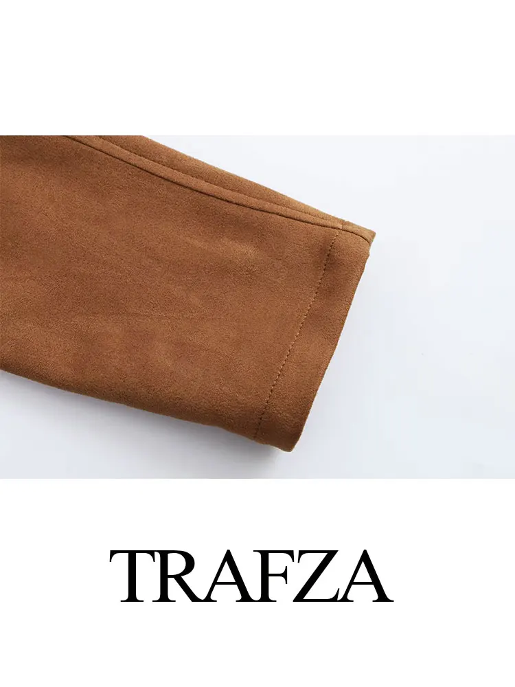 TRAFZA-abrigo de otoño 2024 para mujer, cárdigan corto holgado con solapa marrón, Tops para mujer, abrigo Vintage para mujer, Top a la moda