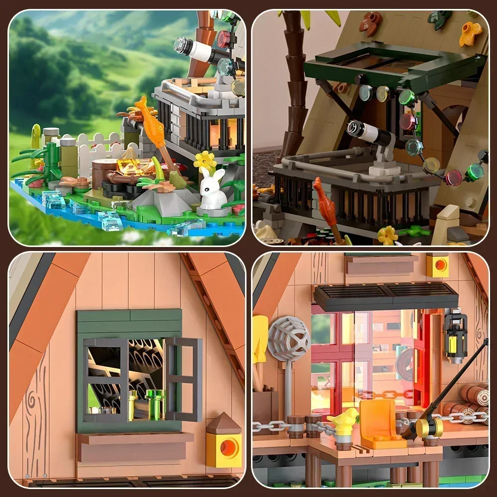 Criativo vista de rua arquitetônica floresta árvore casa blocos de construção com luz led diy montagem tijolos modelo brinquedo para crianças adultas