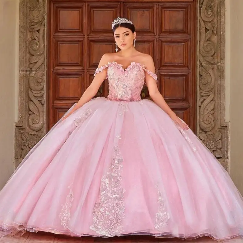 

Glitter Pink Quinceanera Dress Ball Gown Floral Lace Applique Beading Cape Sweet 16 Vestidos De 15 Años Customized