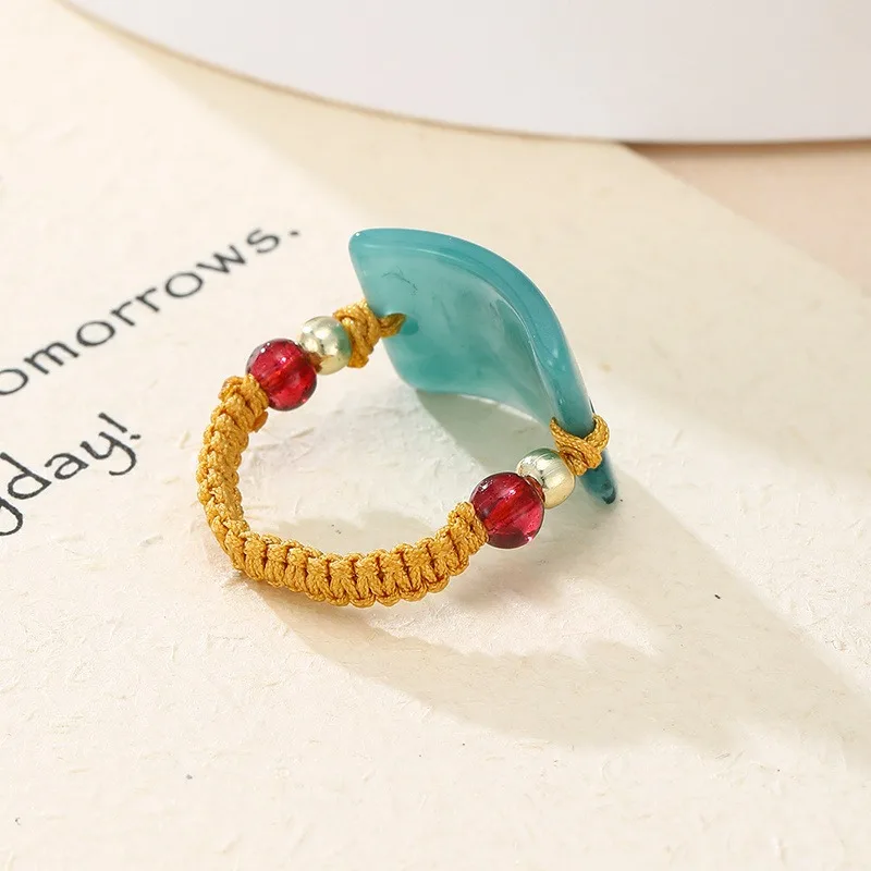 1pc Unisex Simulated Emerald Ring Red Bead Jewelry Accessory Engraved Symbol Adjustable Ring Retro Chinese Style Accessories