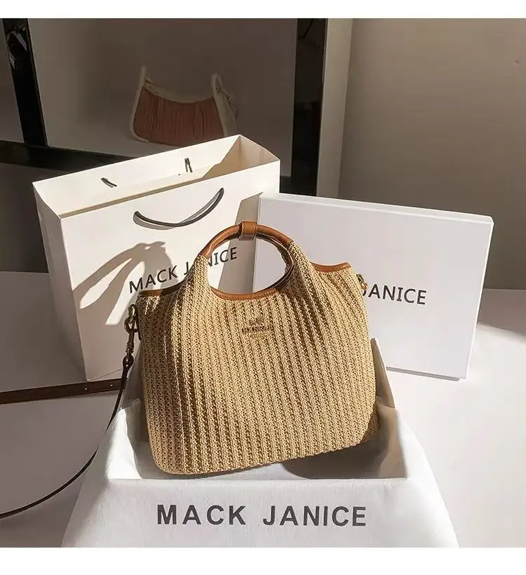 

Fashion Woven Handmade Bucket Bag Large Capacity Casual Tote Bag Textured Women Handbag Holiday Vacation Beach Bag Crossbody Bag