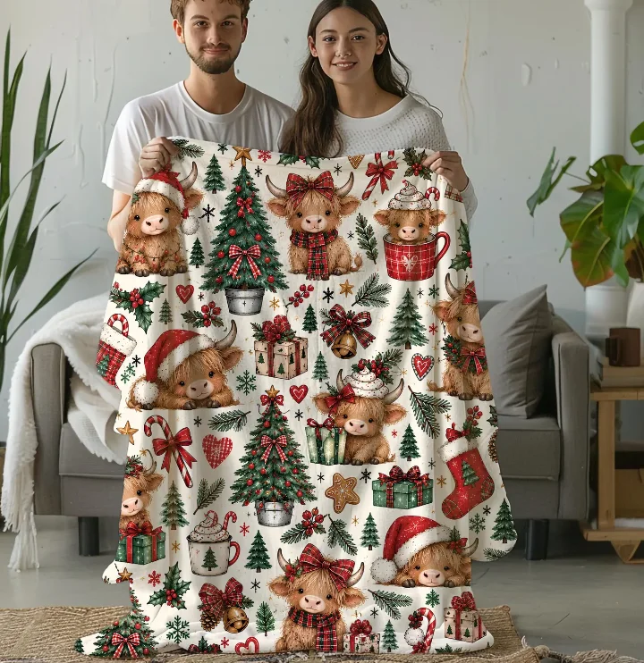 Highland Cow Christmas Blanket, Christmas Cow Throw, Farmhouse Holiday Blanket, Rustic Christmas Decor, Cozy Winter Gift