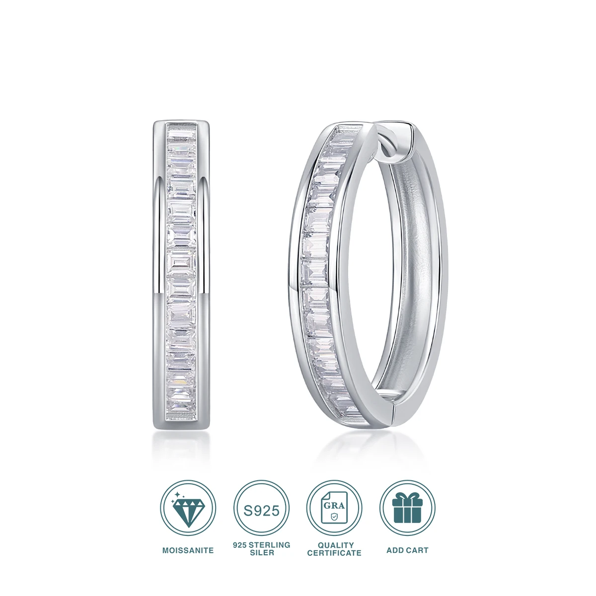 

2pcs Moissanite Hoop Earrings 925 Sterling Silver 18K Gold Plated Baguette Cut Design with GRA Certificate for Women