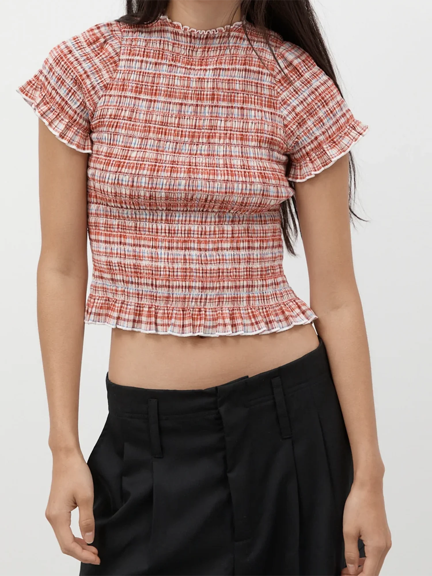 Geruite blouse met ruches, nephals en korte mouwen, fit crop top voor dames, casual streetwear voor de zomer