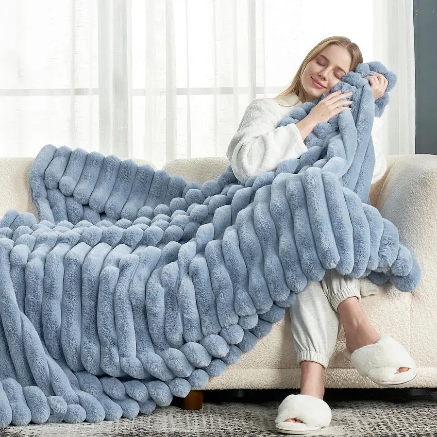 

Faux Fur Throw Blanket for Couch, Cozy Warm Plush Striped Blanket for Sofa Bedroom Living Room, 50 60 Inches Light Blue