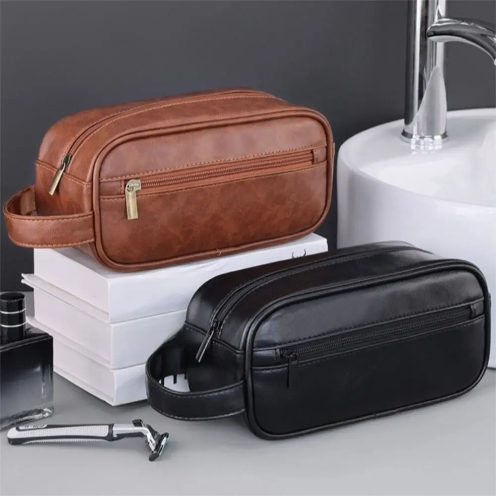 

Portable Multi Pocket Men Leather Wash Bag Handheld Large Capacity Cosmetic Storage Bag Waterproof Zipper Makeup Pouch Business